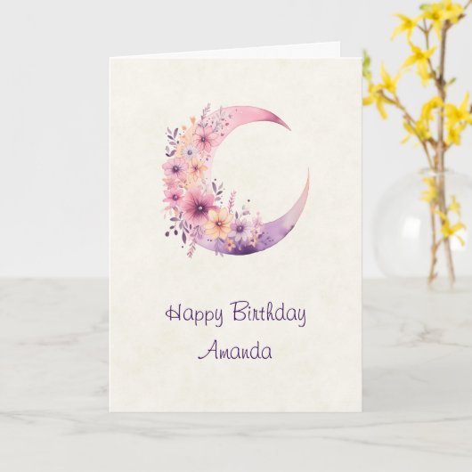 ピンク三日月花かわいらし誕生日 カード (黄色い花)