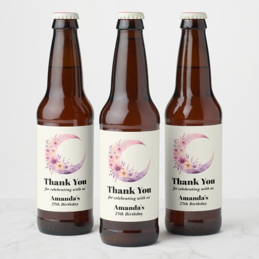 ピンク三日月花かわいらし誕生日 ビールラベル (ボトル)