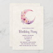 ピンク三日月花かわいらし誕生日 招待状 (正面/裏面)