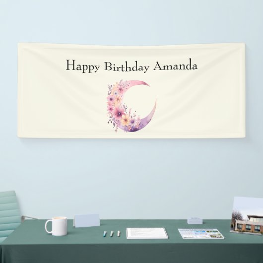 ピンク三日月花かわいらし誕生日 横断幕 (トレードショー)