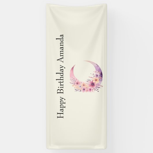 ピンク三日月花かわいらし誕生日 横断幕 (縦)