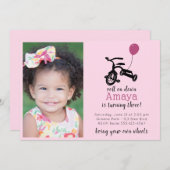 ピンク三輪車パーティー、自転車パーティの招待状 招待状 (正面/裏面)