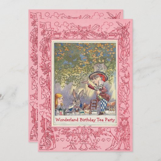 ピンク不機嫌ハッターズワンダーランド誕生日ティーパーティー 招待状 (正面/裏面)