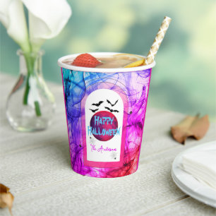 ピンク不気味おもしろいこうもりフルムーンハッピーハローウィン 紙コップ