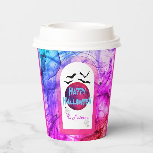 ピンク不気味おもしろいこうもりフルムーンハッピーハローウィン 紙コップ (裏面)