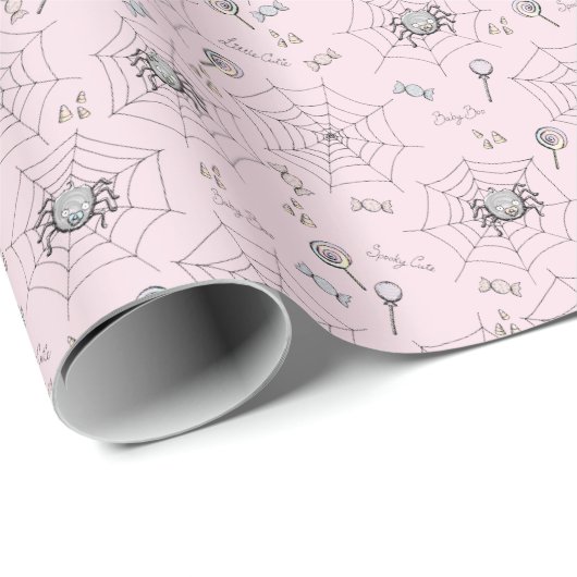 ピンク不気味のかわいいベビースパイダーズ、くもの巣&キャンディ ラッピングペーパー (ロールコーナー)