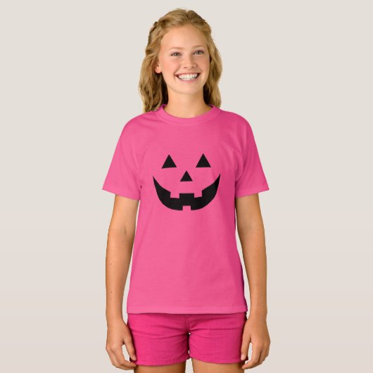 ピンク不気味の黒いハロウィーンのカボチャのちょうちんハロウィーンの衣装 Tシャツ (正面フル)