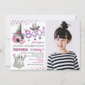 ピンク不気味スカルガールハロウィーン誕生日写真 招待状 (正面)