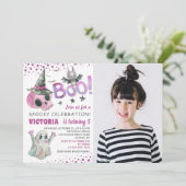 ピンク不気味スカルガールハロウィーン誕生日写真 招待状 (スタンド正面)