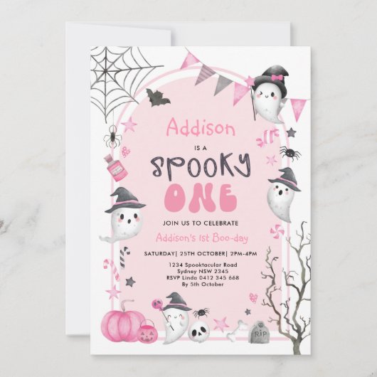ピンク不気味ワンカワイイ幽霊ガール1st誕生日 招待状 (正面)