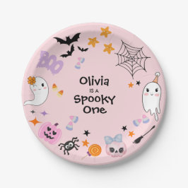 ピンク不気味ワンカワイイ幽霊ハロウィーン1歳 ペーパープレート