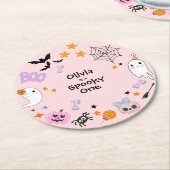 ピンク不気味ワンカワイイ幽霊ハロウィーン1歳 ラウンドペーパーコースター (アングル)