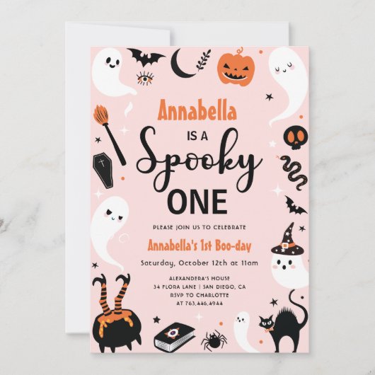 ピンク不気味ワンハロウィーン写真1歳の誕生日 招待状 (正面)