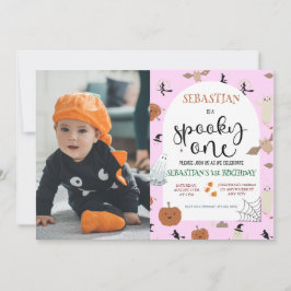 ピンク不気味ワンハロウィーン幽霊1stバースデーフォト 招待状