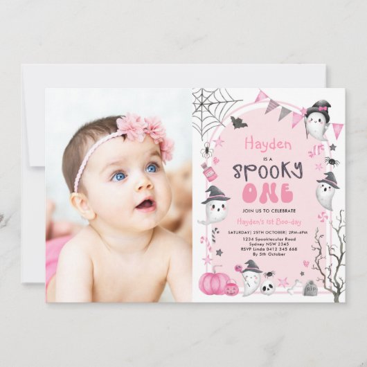 ピンク不気味ワンハロウィーン幽霊1stバースデーフォト 招待状 (正面)