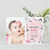 ピンク不気味ワンハロウィーン幽霊1stバースデーフォト 招待状 (スタンド正面)