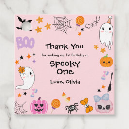 ピンク不気味ワンハロウィーン1回目の誕生日メッセージカード フェイバータグ