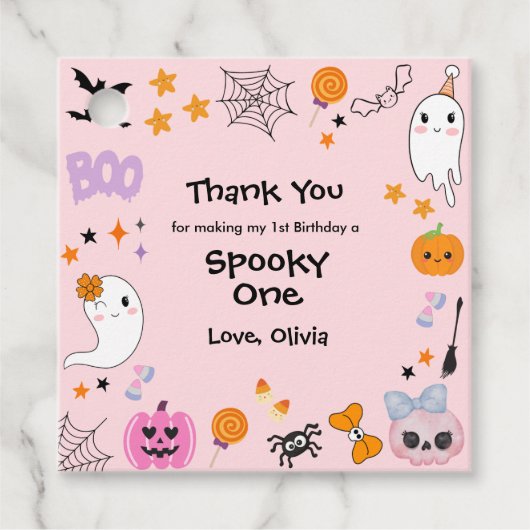 ピンク不気味ワンハロウィーン1回目の誕生日メッセージカード フェイバータグ (正面)