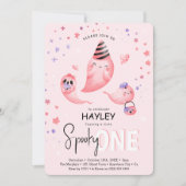 ピンク不気味ワン幽霊ガールハロウィーン1st誕生日 招待状 (正面)