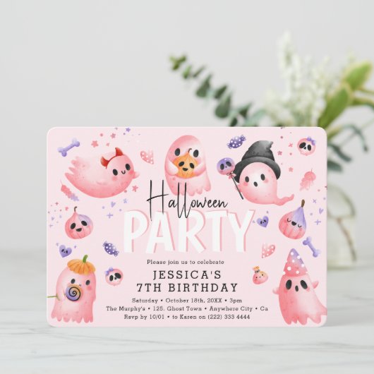 ピンク不気味幽霊ガールハロウィーン誕生日 招待状 (スタンド正面)