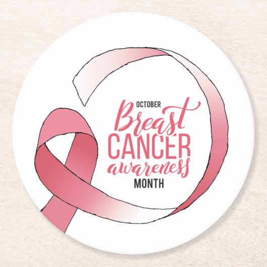 ピンク乳がんリボンスケッチBCA月 ラウンドペーパーコースター (正面)