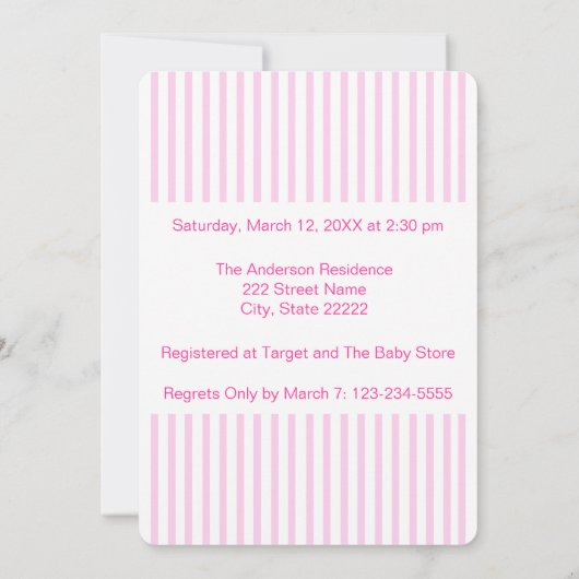 ピンク乳母車キャリッジツインガールズベビーシャワー 招待状 (裏面)