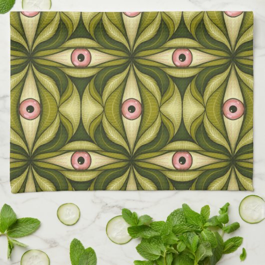 ピンク予測できなの目と緑の植物模様 キッチンタオル (折り畳み)