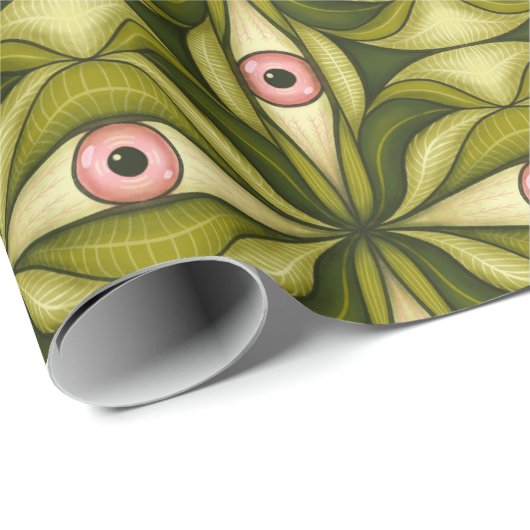 ピンク予測できなの目と緑の植物模様 ラッピングペーパー (ロールコーナー)