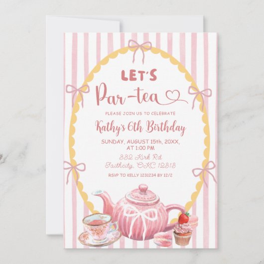 ピンク予測できなイラストレーションレッツパーティー誕生日 招待状 (正面)