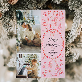ピンク予測できなレッド手描きハッピーホリデー2写真 シーズンカード