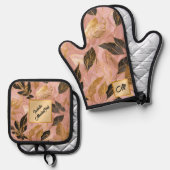 ピンク人気がある金ゴールドボ葉ホコレクション 鍋つかみ&鍋敷きセット (正面/裏面)