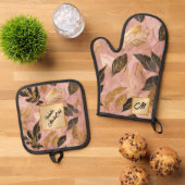 ピンク人気がある金ゴールドボ葉ホコレクション 鍋つかみ&鍋敷きセット (トップダウン)