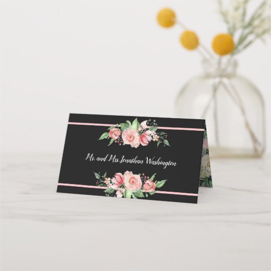 ピンク伝統的のバラ |黒 |フローラデザイン プレイスカード (裏面)