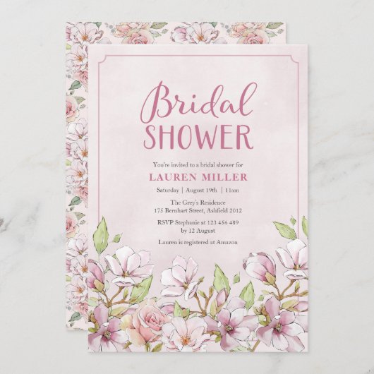 ピンク伝統的フローラブライダルシャワー招待 招待状 (正面/裏面)