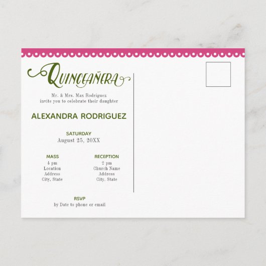 ピンク伝統的メキシコフローラ写真キンセアニェラ インビテーションポストカード (裏面)