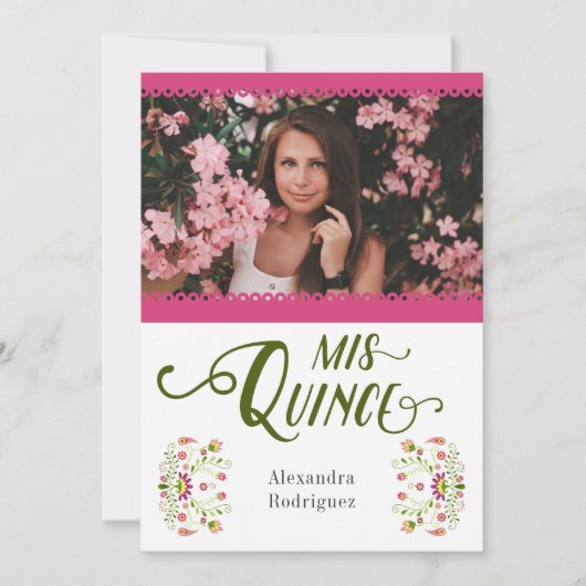 ピンク伝統的メキシコフローラ写真キンセアニェラ 招待状 (正面)