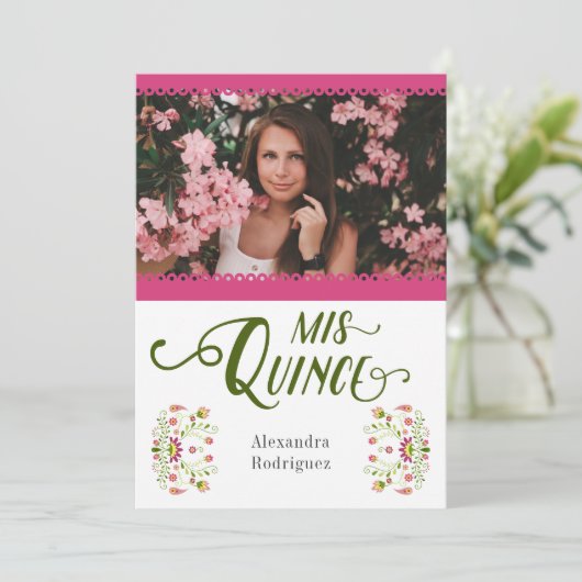 ピンク伝統的メキシコフローラ写真キンセアニェラ 招待状 (スタンド正面)