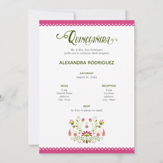 ピンク伝統的メキシコフローラ写真キンセアニェラ 招待状 (裏面)
