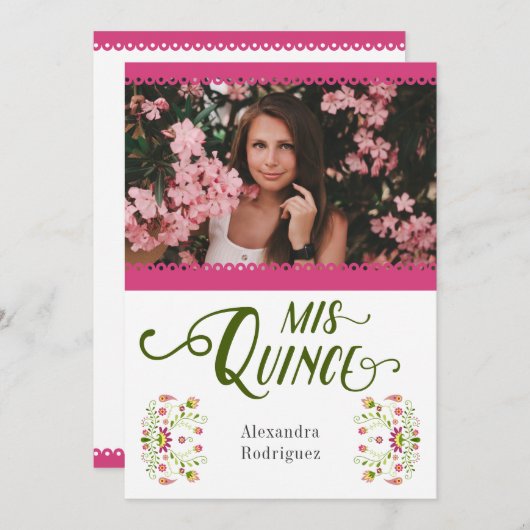 ピンク伝統的メキシコフローラ写真キンセアニェラ 招待状 (正面/裏面)