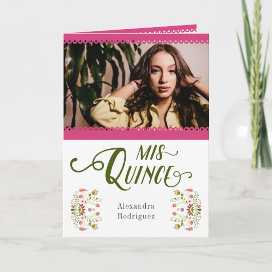 ピンク伝統的メキシコフローラ写真キンセアニェラ 招待状 (正面)