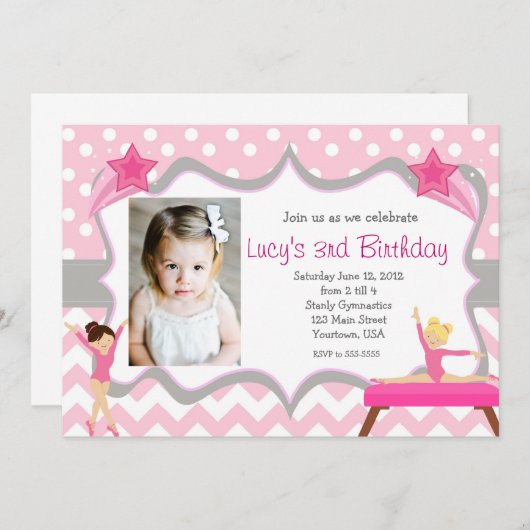 ピンク体操パーティー誕生日招待状 招待状 (正面/裏面)
