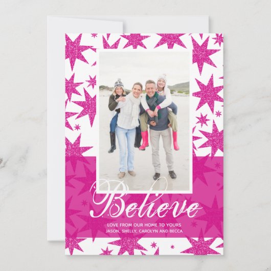 ピンク信じのグリッター星クリスマス写真 シーズンカード (正面)