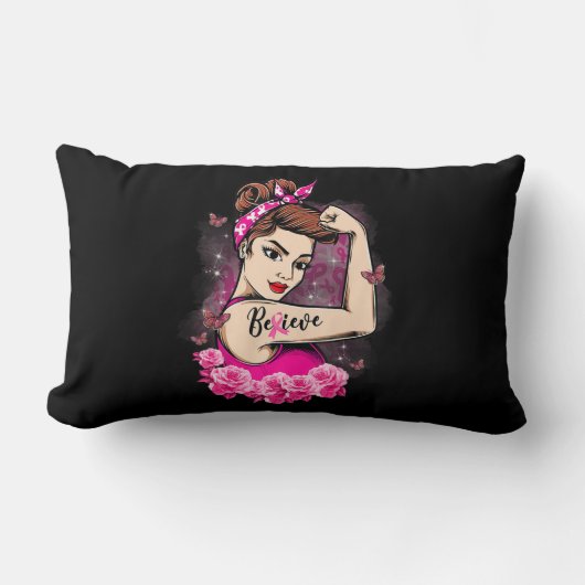 ピンク信じリボン強い女性乳がん阿波 ランバークッション (正面)