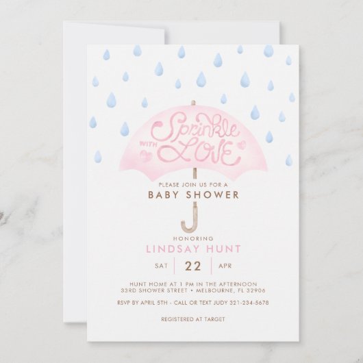 ピンク傘振り掛けベビーシャワー招待状 招待状 (正面)