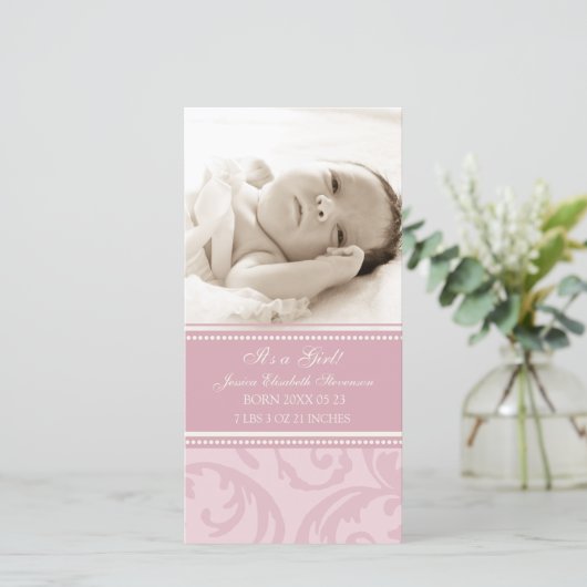 ピンク写真テンプレート新生児誕生発表 案内状 (スタンド正面)