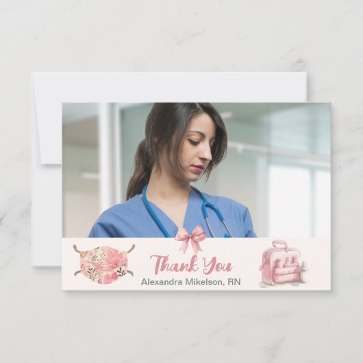ピンク写真水彩看護学校卒業生 サンキューカード (正面)