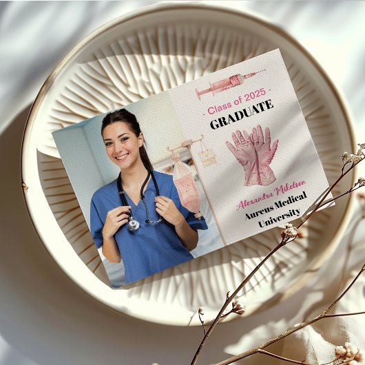 ピンク写真水彩看護学校卒業生 案内状