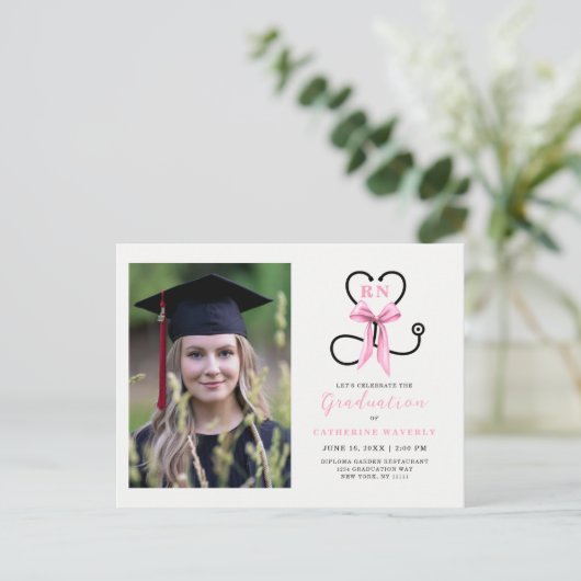 ピンク写真看護学校卒業パーティー ポストカード (スタンド正面)
