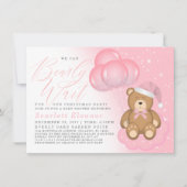 ピンク冬ねむみクマのバルーン女の子ベビーシャワー 招待状 (正面)