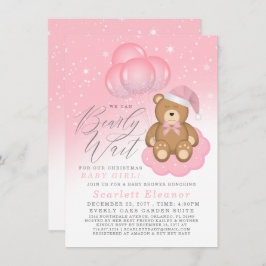 ピンク冬ねむみクマのバルーン女の子ベビーシャワー 招待状